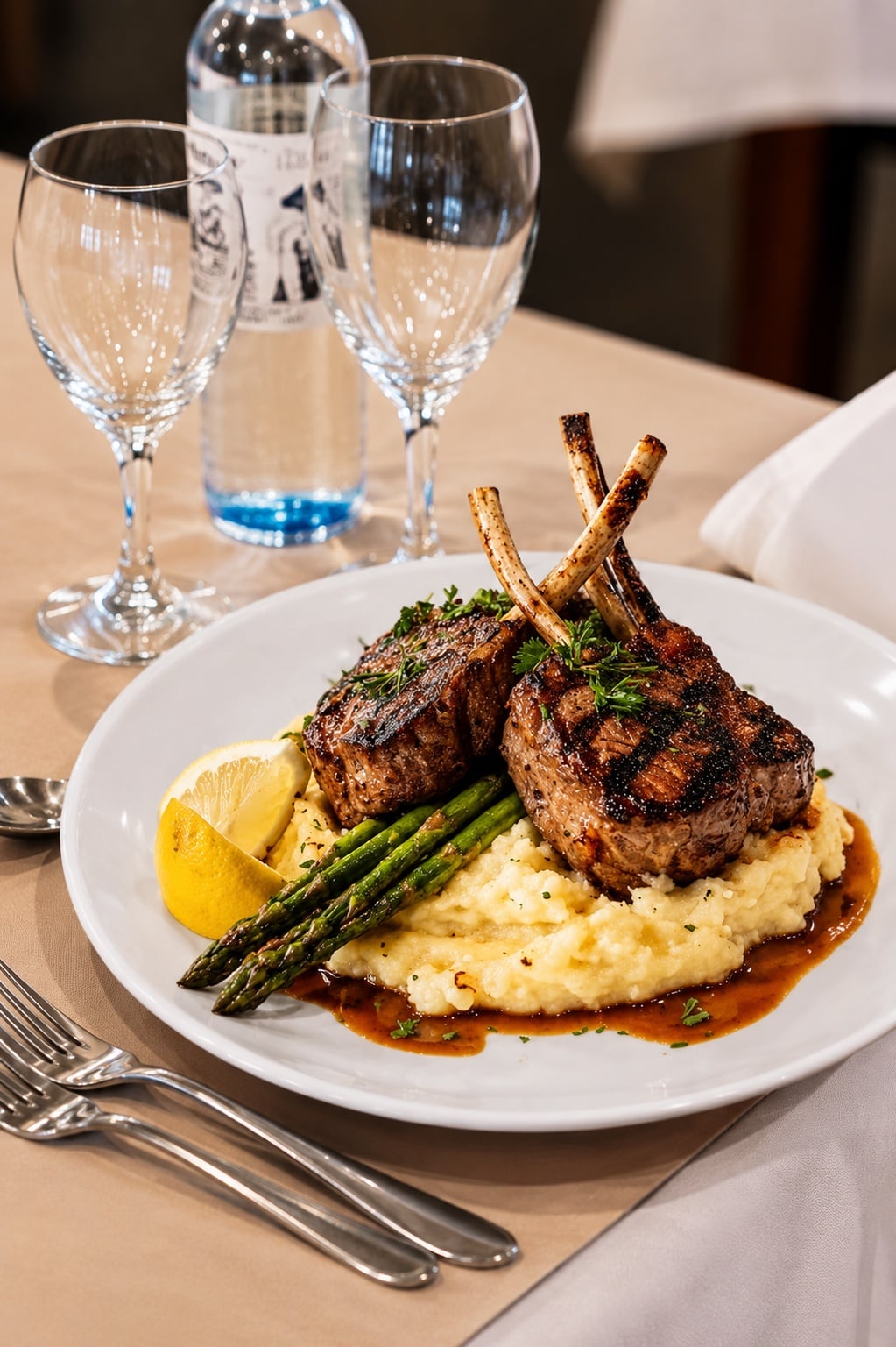 Chuletas de cordero con puré de papas al verdeo y espárragos, servidas en el restaurante