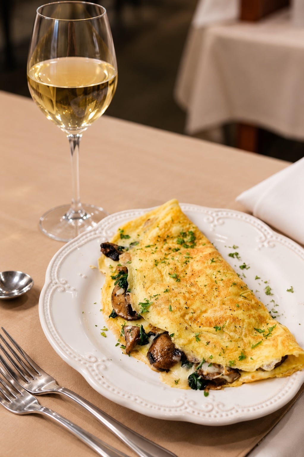 Omelette de hongos y queso servido en el restaurante, con una copa de vino blanco